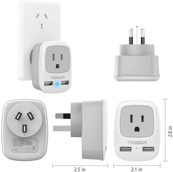 Australia New Zealand China Travel Plug Adapter,  International Power Adaptor 3 in 1 Grounded Outlet Adapter with 2 USB Ports for Canada/USA to Fiji Argentina (Type I) - Image 3