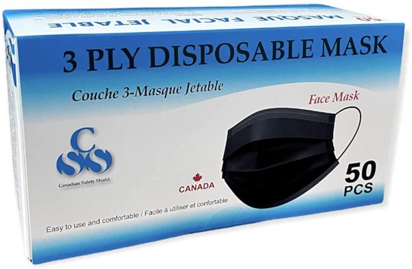 *MADE IN CANADA* ADULT BLACK BLUE 3PLY 3-LAYER DISPOSABLE FACE MASK (50PCS) MASQUE VISAGE JETABLE 3PLY *FABRIQU?? AU CANADA* - Image 6