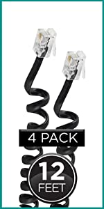 Telephone coiled cord black 12 ft 4 pack