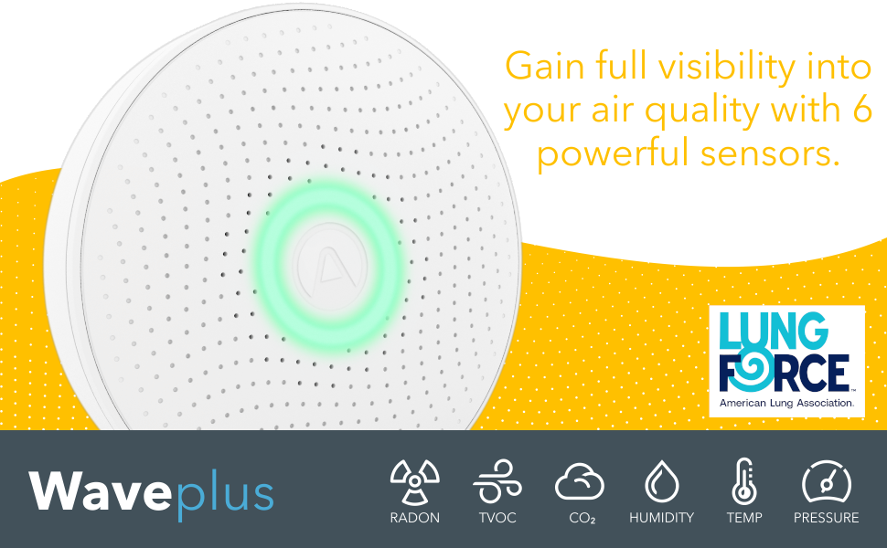 Airthings Wave Plus Monitor with green halo indicating good air quality, includes 6 sensors