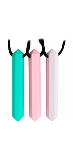 Pencil design, 3-pack chewlery for kids and adults in turquoise, pink and purple.