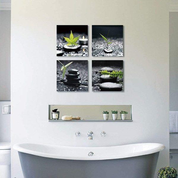 SUMGAR Black and White Wall Art Paintings on Canvas for Bathroom Zen Stone and Green Leaf Pictures - Image 4