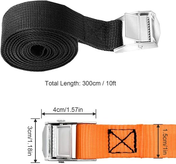 4 Pack Lashing Straps 10' x 1'' Tie Down Straps with Zinc Alloy Cam Lock Buckle Up to 800lbs, for Cargo, Gear, Bikes & More (2 Black & 2 Orange) - Image 4