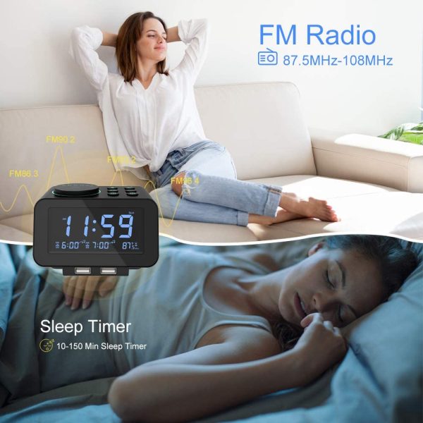 Digital Alarm Clock Radio - 0-100% Dimmer, Dual Alarm with Weekday/Weekend Mode, 6 Sounds Adjustable Volume, FM Radio w/ Sleep Timer, Snooze, 2 USB Charging Ports, Thermometer, Battery Backup - Image 8