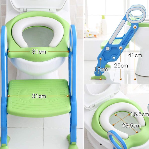 Potty Training Toilet Seat with Step Stool Ladder for Boys and Girls Baby Toddler Kid Children Toilet Training Seat Chair with Handles Padded Seat Non-Slip Wide Step (Blue+Green Standard Seat)