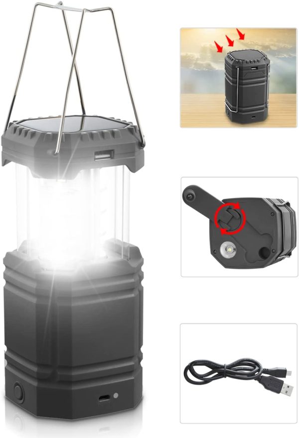 Solar Camping Lantern- Hand Crank Rechargeable LED Lantern Flashlight with USB Charger, Super Bight Camp Light, Long Play Time,Collapsible Waterproof Camping Lights for Emergency, Survival, Hiking, Hurricane,Fishing,Storm,Home - Image 3