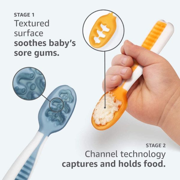 NumNum Pre-Spoon GOOtensils | Baby Spoon Set (Stage 1 + Stage 2) | BPA Free Silicone Self Feeding Toddler Utensils | for Kids Ages 6 Months+, 1-Pack, Two Spoons, Blue/Orange - Image 2