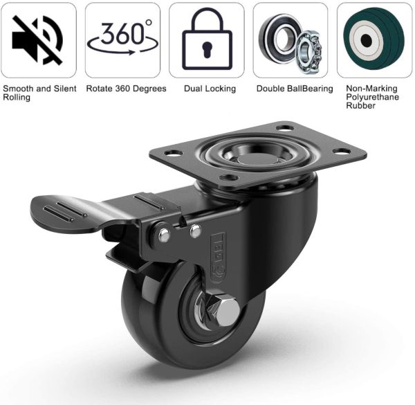 2" Heavy Duty Caster Wheels with 2 Brakes + Screws - up to 440Lbs - Set of 4 No Floor Marks Silent Castor for Furniture - Rubbered Dolly Swivel Wheels - Black Casters - Image 8