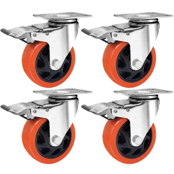 4" Industrial Swivel Casters Wheels - Set of 4 Plate Casters with Brake PU Wheels by SPLAKER, Color: Orange, Model: SW-004. - Image 4