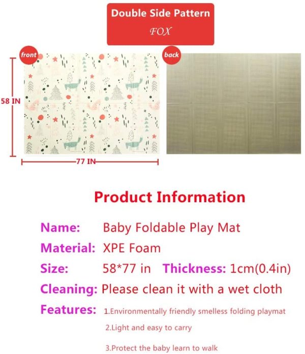 BEKOBABY Baby Play Mat XPE Foam Floor Gym Children Mats 58x77In Baby Room Folding Mat Baby Game Blanket with Carry Bag (Fox)?? - Image 3