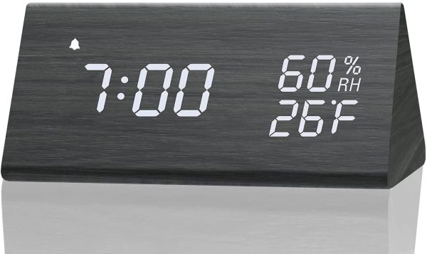 Digital Alarm Clock, with Wooden Electronic LED Time Display, 3 Alarm Settings, Humidity & Temperature Detect, Wood Made Electric Clocks for Bedroom, Bedside, Black - Image 9