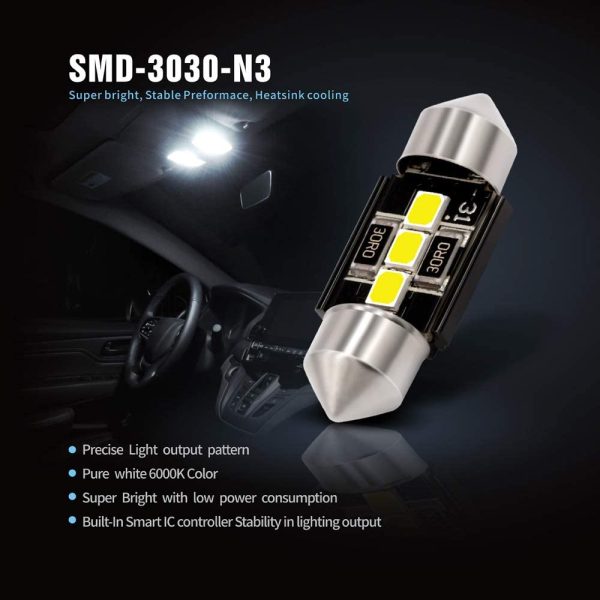 N3 DE3175 LED bulbs Pure white Super Bright LED Festoon 300 Lumens 3030 Chipset for Car Truck Interiors Dome Map Door Courtesy Lights 1.25 In 31MM Festoon Pack of 6 Bulbs - Image 4