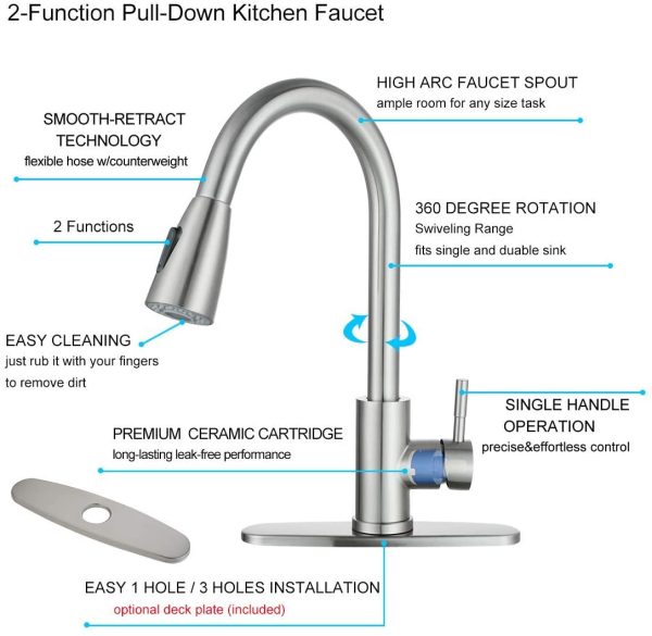 Single Handle High Arc Pull Out Sprayer Kitchen Faucet Lead-Free Stainless Steel Kitchen Sink Faucet 360 Swivel Modern Brushed Nickel Pull Down Head Commercial Faucets with Deck Plate - Image 7