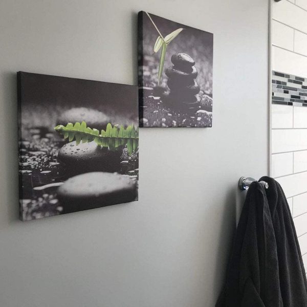 SUMGAR Black and White Wall Art Paintings on Canvas for Bathroom Zen Stone and Green Leaf Pictures