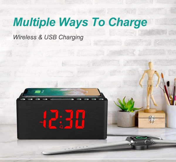 Wooden Digital Alarm Clock FM Radio,Fast Wireless Charger Station for iPhone/Samsung,Dimmable LED Display,USB Charging Port,Sleep Timer,Wood Modern Clock for Bedroom Bedside(Black) - Image 7