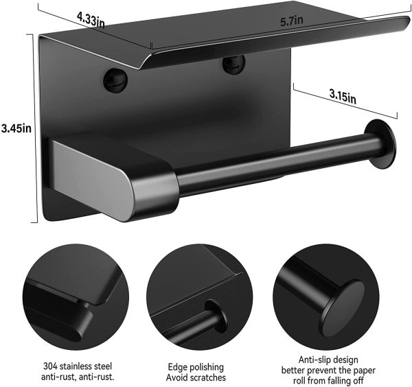 Toilet Paper Holder with Shelf Black:  Toilet Paper Holder Wall Mounted, SUS 304 Stainless Steel Toilet Paper Roll Holder for Bathroom Kitchen Washroom RV, Self Adhesive or Screw - Image 5