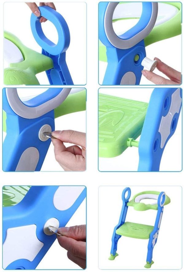 Potty Training Toilet Seat with Step Stool Ladder for Boys and Girls Baby Toddler Kid Children Toilet Training Seat Chair with Handles Padded Seat Non-Slip Wide Step (Blue+Green Standard Seat) - Image 7