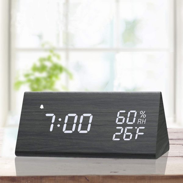 Digital Alarm Clock, with Wooden Electronic LED Time Display, 3 Alarm Settings, Humidity & Temperature Detect, Wood Made Electric Clocks for Bedroom, Bedside, Black - Image 2