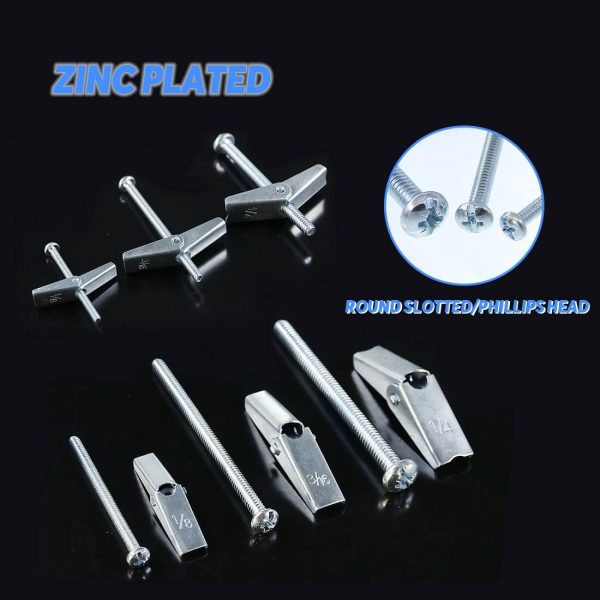 24Pcs 1/8'', 3/16'', 1/4'' inch Zinc Plated Steel Round Head Toggle Bolt and Wing Nut Assortment Kit - Image 7