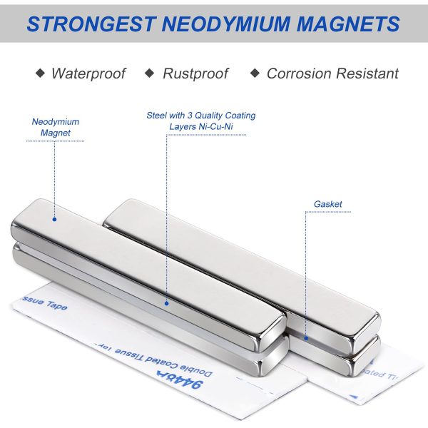 Strong Neodymium Bar Magnets with Double-Sided Adhesive, Rare-Earth Metal Neodymium Magnet - 60 x 10 x 5 mm, Pack of 12 - Image 6