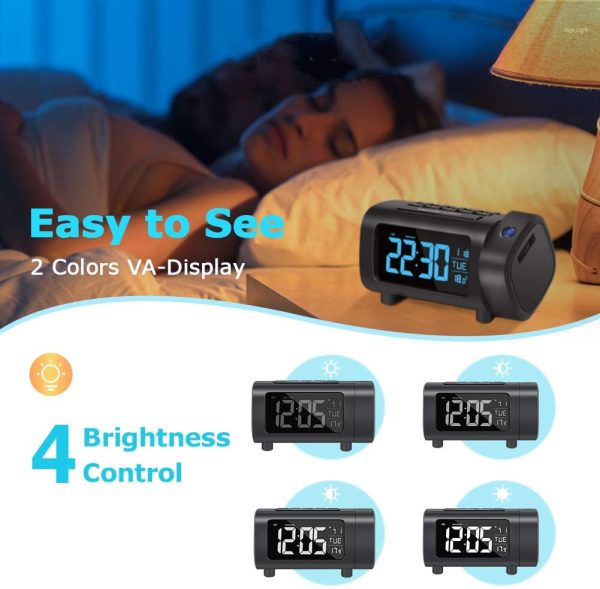 Projection Alarm Clock with FM Radio, Temperature Monitor, USB Charger, Weekend Mode, 2-Color VA Display with 4 Dimmer (Blue-White)