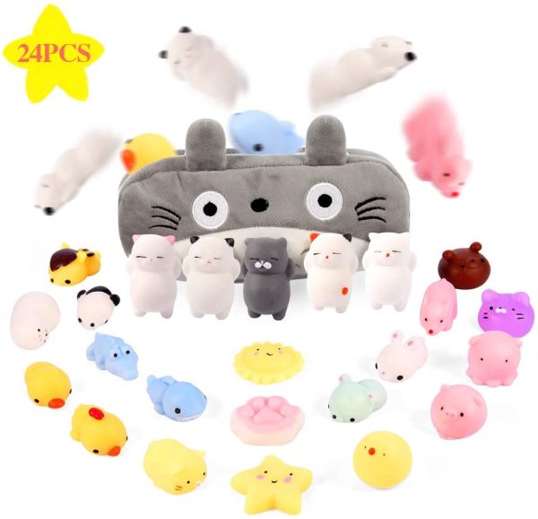 Moj Moj Squishies Easter Egg Fillers Squishy Toys for Kids Preteens Adults 24pcs Mochi Squishies Mini Kawaii Squishies, Party Favors Toy Gifts for Kids, Squishies Cat with Cartoon Bag, Stress Smile Toys for Girls & Boys