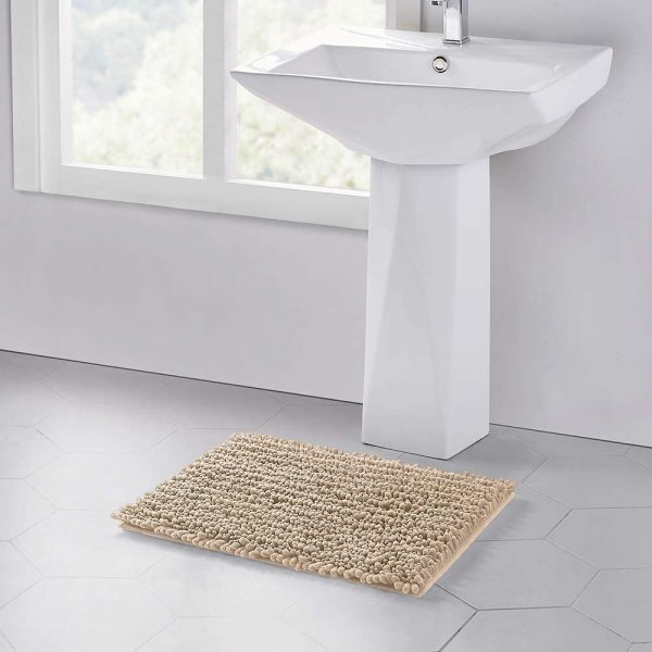 Bathroom Rug Non Slip Bath Mat (17x24 Inch Beige) Water Absorbent Super Soft Shaggy Chenille Machine Washable Dry Extra Thick Perfect Absorbant Best Small Plush Carpet for Shower Floor