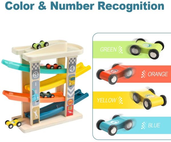 TOP BRIGHT Car Race Toy for Toddlers, Race Track Game Toy Vehicle Sets with 4 Wooden Cars, 1 Parking Garage and 4 Car Ramps for Boy & Girl - Image 4