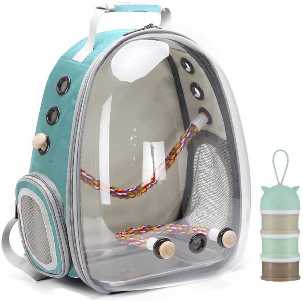 Bird Carrier Backpack, Bubble Bird Travel Carrier Backpack with Stainless Steel Tray Food Cup Standing Perch (Green)