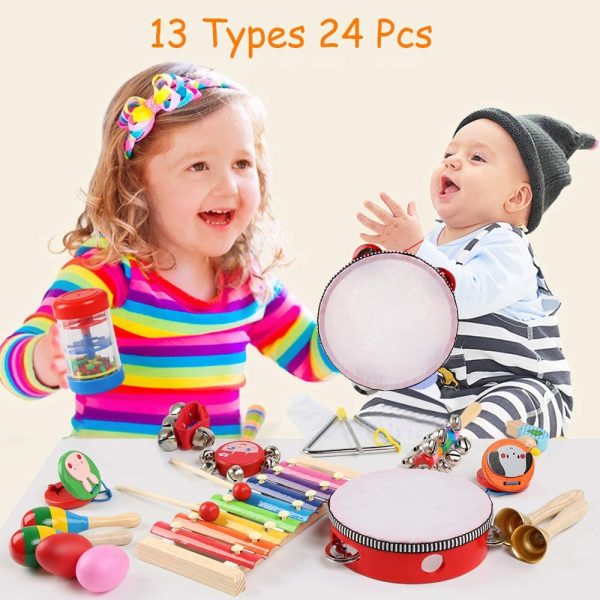 LEADSTAR Musical Instrument Toys, 24 Pcs 13 Types Wooden Musical Toys Wooden Percussion Instrument Tambourine Xylophone Toys for Kids, Preschool Educational Learning Musical Toys for Boys Girls with Cute Storage Bag - Image 6