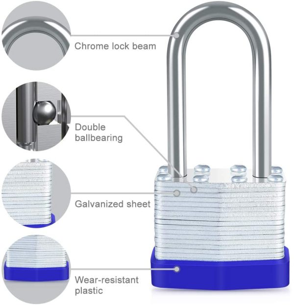 Padlock with Key, [1-5/8-inch Long Shackle]  40mm Heavy Duty Padlocks Outdoor Weatherproof Lock Laminated Steel Padlocks keyed Alike for Gym Locker, Garage, Shed, Fence, Warehouse - Image 3