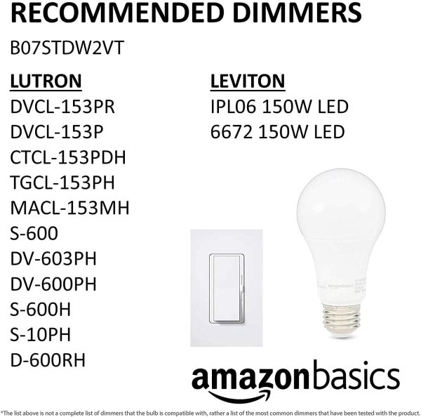 Amazon Basics 100W Equivalent, Daylight, Dimmable, 10,000 Hour Lifetime, A19 LED Light Bulb | 2-Pack - Image 3