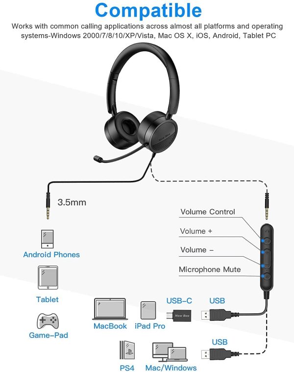 USB Headset  Computer Headset in-Line Call Controls Office Headset with Noise Cancelling Micphone Call Center Headset for Skype, Zoom, Laptop, Phone, PC, Tablet, Home with USB-C Adapter