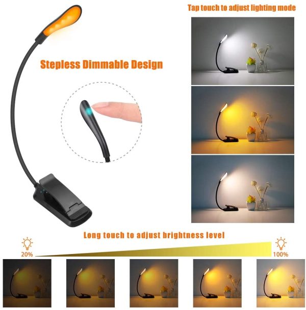 Book Light, Amber Clip-On Reading Light, Blue Light Blocking 3 Modes Led Book Light for Reading in Bed, Stepless Dimmable Brightness Rechargeable Book Lamp,Eye-Care Night Reading Light for Kids - Image 3