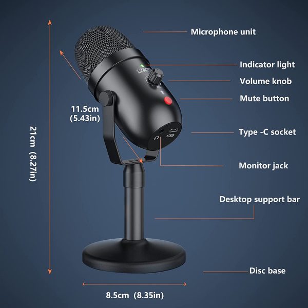 USB Microphone - 1.7lb Mic with Headphone Monitoring 3.5mm Jack and One Key Mute Button,PC Computer Microphone No Need to Drive, Plug and Play,for PC,Mac/Windows,Recording Podcast,Voice Over