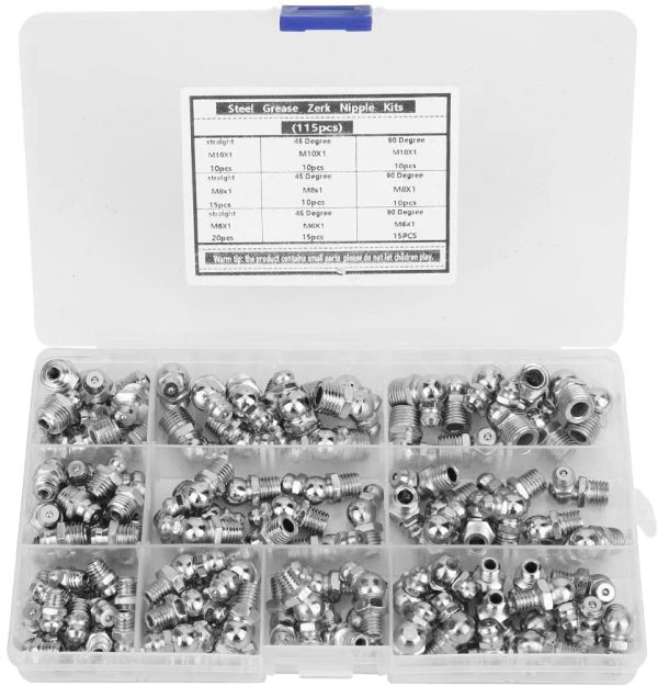 Steel Zerk Grease Nipple Fitting Assortment Kits, 115Pcs Straight and 90 Degree and 45 Degree M6 M8 M10 Grease Zerk Nipple Fitting - Image 5