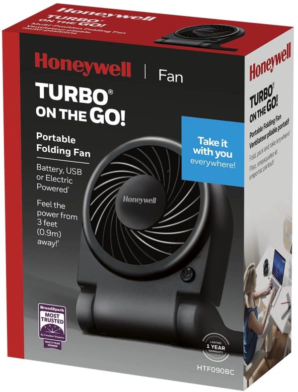 Honeywell HTF090BC Turbo-On-The-Go Portable Folding Fan, Black, with USB, Battery, or Electric powered - Image 3