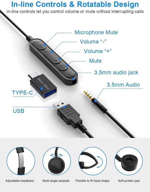 USB Headset  Computer Headset in-Line Call Controls Office Headset with Noise Cancelling Micphone Call Center Headset for Skype, Zoom, Laptop, Phone, PC, Tablet, Home with USB-C Adapter - Image 4