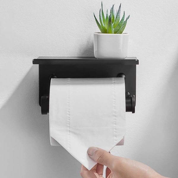 Toilet Paper Holder with Shelf Black:  Toilet Paper Holder Wall Mounted, SUS 304 Stainless Steel Toilet Paper Roll Holder for Bathroom Kitchen Washroom RV, Self Adhesive or Screw - Image 6