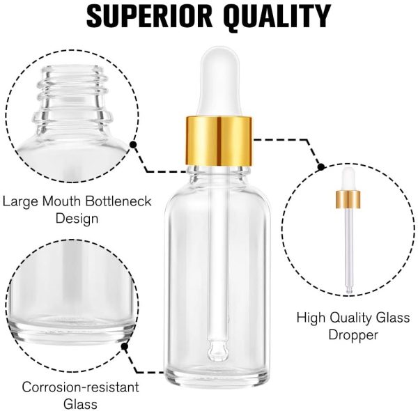 PrettyCare Eye Dropper Bottle 1 oz (24 Pack Clear Glass Bottles 30ml with Golden Caps, 2 Extra Measured Pipettes, 48 Labels, 2 Funnels ) Empty Tincture Bottles for Essential Oils, Perfume - Image 6