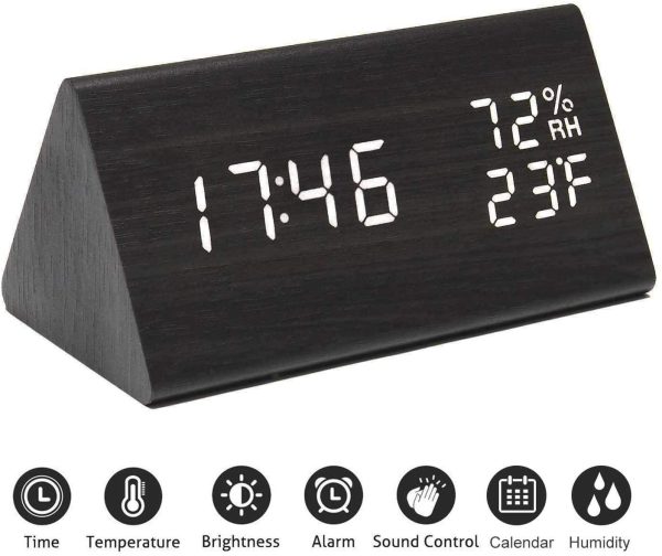 Digital Alarm Clock, with Wooden Electronic LED Time Display, 3 Alarm Settings, Humidity & Temperature Detect, Wood Made Electric Clocks for Bedroom, Bedside, Black - Image 7