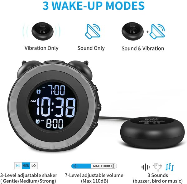 Loud Dual Alarm Clock with Bed Shaker - 0-100% Dimmer, Vibrating Alarm Clock for Heavy Sleepers or Hearing Impaired, Easy to Set, USB Charging Port, Snooze, Battery Backup - Image 8