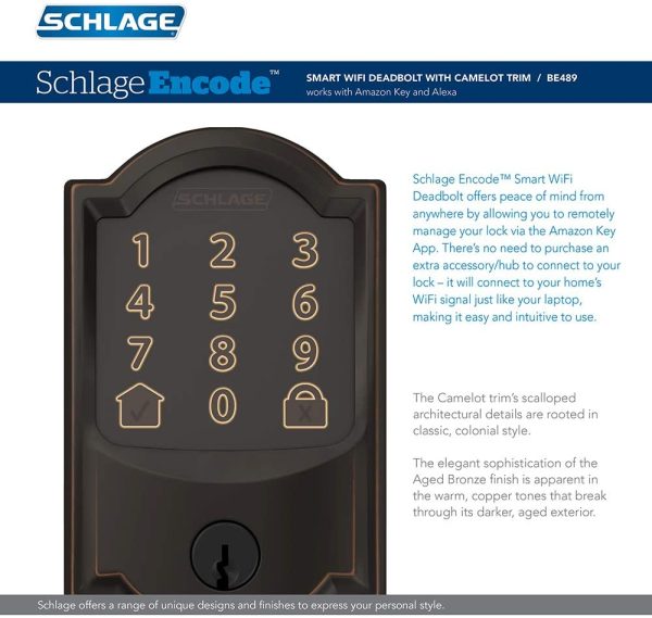 Schlage Encode Smart WiFi Deadbolt with Camelot Trim in Aged Bronze (BE489WB CAM 716) - Image 4