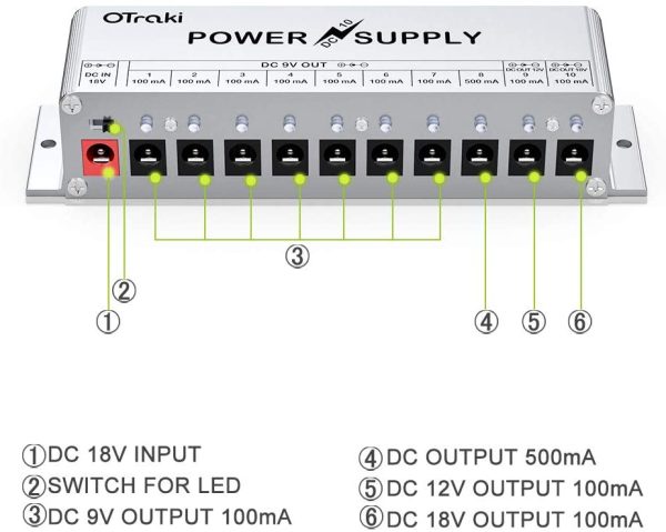 OTraki Pedal Power Supply 10 DC Isolated Output 9V 12V 18V 100mA 500mA Guitar Effect Pedal Board Power Supplies with Blue LED Indicator Smart Short Circuit and Over Current Protection - Image 4