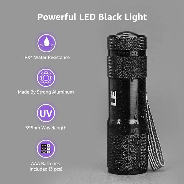 LE Ultra Violet LED Flashlight Blacklight, UV LED Flashlight, 9 LED 395nm, Pet Urine Stain Detector, 3 AAA Batteries Included, Find Stains on Clothes, Carpet or Rugs - Image 2