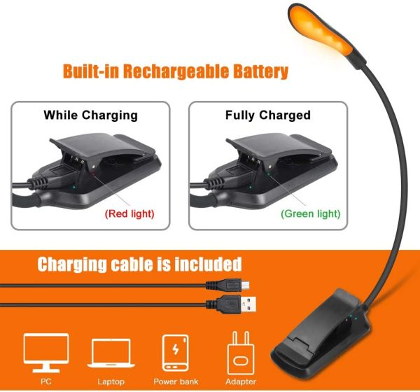 Book Light, Amber Clip-On Reading Light, Blue Light Blocking 3 Modes Led Book Light for Reading in Bed, Stepless Dimmable Brightness Rechargeable Book Lamp,Eye-Care Night Reading Light for Kids - Image 2