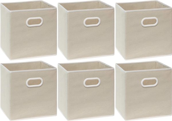 6 Pack - SimpleHouseware Foldable Cube Storage Bin with Handle, Beige - Image 2