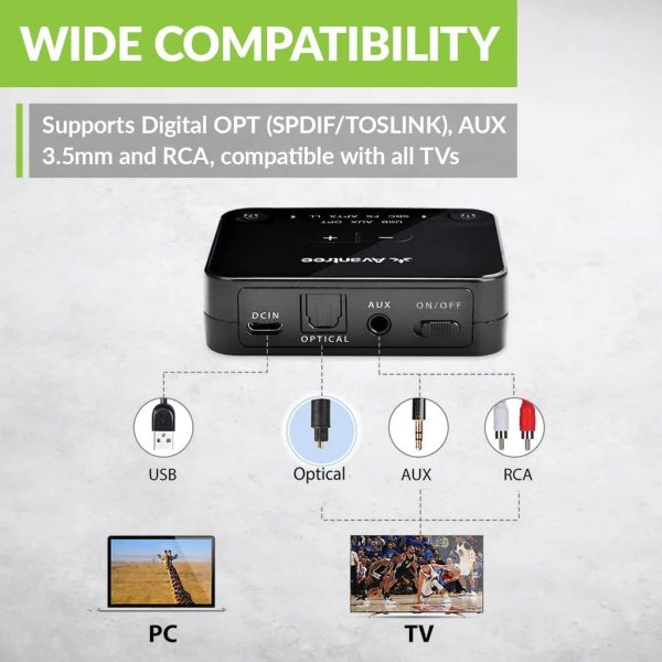 Audikast Plus Bluetooth 5.0 Transmitter for TV PC with Volume Control, aptX Low Latency Wireless Audio Adapter for 2 Headphones (Optical, AUX, RCA, USB) 100ft Long Range - Image 7