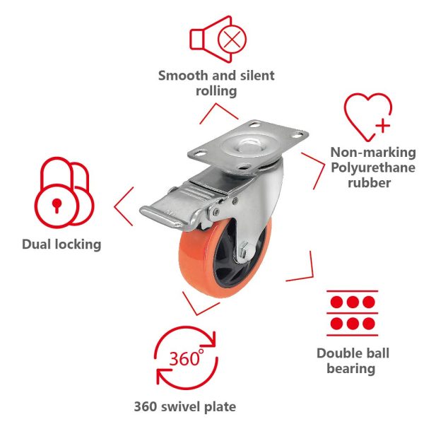 4" Industrial Swivel Casters Wheels - Set of 4 Plate Casters with Brake PU Wheels by SPLAKER, Color: Orange, Model: SW-004. - Image 5