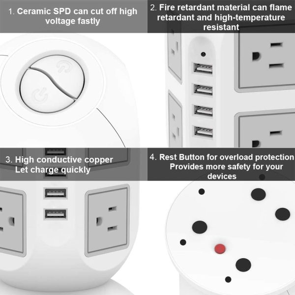 Tower Power Bar with Surge Protector, 10 Feet Long Extension Cord Indoor,  Surge Protection Power Strip with 8 Multi Outlets 4 USB Ports, Desk Charging Station for Dorm Home Office Accessories - Image 5